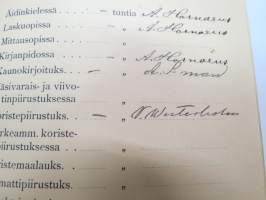 Turun kaupungin Käsityöläiskoulu - Todistuskirja Elvira Dagmar Suominen 1905-1907, sisältää tiedot käydyistä kursseista, niiden tuntimääristä,