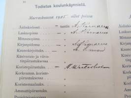 Turun kaupungin Käsityöläiskoulu - Todistuskirja Elvira Dagmar Suominen 1905-1907, sisältää tiedot käydyistä kursseista, niiden tuntimääristä,
