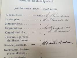 Turun kaupungin Käsityöläiskoulu - Todistuskirja Elvira Dagmar Suominen 1905-1907, sisältää tiedot käydyistä kursseista, niiden tuntimääristä,