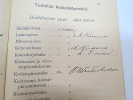 Turun kaupungin Käsityöläiskoulu - Todistuskirja Elvira Dagmar Suominen 1905-1907, sisältää tiedot käydyistä kursseista, niiden tuntimääristä,