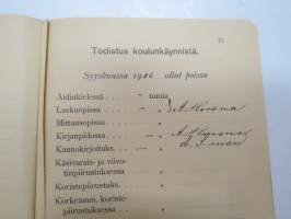 Turun kaupungin Käsityöläiskoulu - Todistuskirja Elvira Dagmar Suominen 1905-1907, sisältää tiedot käydyistä kursseista, niiden tuntimääristä,