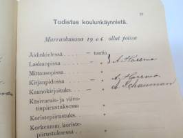 Turun kaupungin Käsityöläiskoulu - Todistuskirja Elvira Dagmar Suominen 1905-1907, sisältää tiedot käydyistä kursseista, niiden tuntimääristä,