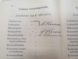 Turun kaupungin Käsityöläiskoulu - Todistuskirja Elvira Dagmar Suominen 1905-1907, sisältää tiedot käydyistä kursseista, niiden tuntimääristä,