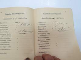Turun kaupungin Käsityöläiskoulu - Todistuskirja Elvira Dagmar Suominen 1905-1907, sisältää tiedot käydyistä kursseista, niiden tuntimääristä,