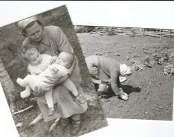 Mummi hoitaa lapsia ja kasvimaata  10x16 cm - valokuva  2 kpl 1956