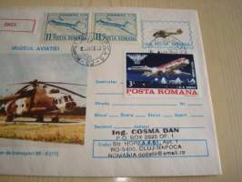 Helikopteri &amp; lentokone, 1986, Romania, ensipäiväkuori, FDC, kirjattu kirje. Katso myös muut kohteeni mm. noin 1200 erilaista amerikkalaista ensipäiväkuorta