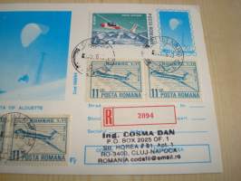 Laskuvarjohyppääjä, 1986, Romania, maksikortti, FDC, kirjattu kirje. Katso myös muut kohteeni mm. noin 1200 erilaista amerikkalaista ensipäiväkuorta