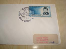 John F. Kennedy, JFK, 1964, Monaco, ensipäiväkuori, FDC. Katso myös muut kohteeni mm. noin 1200 erilaista amerikkalaista ensipäiväkuorta 1920-luvulta