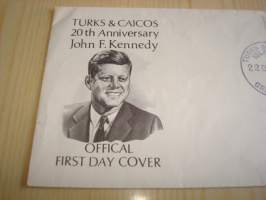 John F. Kennedy, JFK, 1983, Turks &amp; Caicos, ensipäiväkuori, FDC. Katso myös muut kohteeni mm. noin 1200 erilaista amerikkalaista ensipäiväkuorta 1920-luvulta