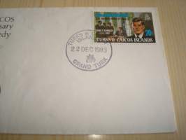 John F. Kennedy, JFK, 1983, Turks &amp; Caicos, ensipäiväkuori, FDC. Katso myös muut kohteeni mm. noin 1200 erilaista amerikkalaista ensipäiväkuorta 1920-luvulta