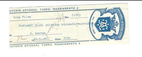 Puutorin  Apteekki,  Turku  - resepti signatuuri  1960