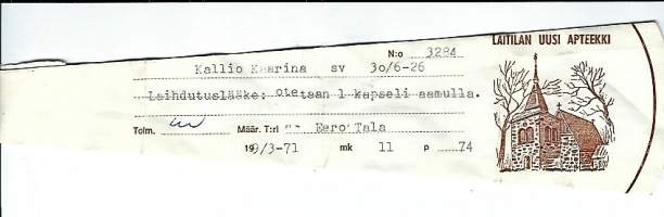 Laitilan Uusi Apteekki  - resepti signatuuri  1974