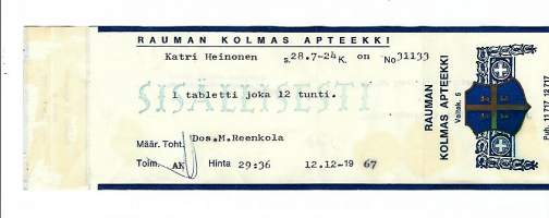 Rauman Kolmas Apteekki Rauma, resepti  signatuuri  1967
