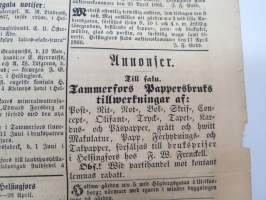 Hufvudstadsbladet Tisdagen den 1 Maj 1866, innehåller bl.a följande artiklar / reklam / notiser; Från St. Petersburg  ingenting nytt rörande rörande