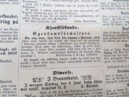 Helsingfors Tidningar, Lördagen den 5 Juni 1858, innehåller bl. a. följande artiklar / annonser; Resande - skulptören Forssell från St. Petersburg - Mamsell