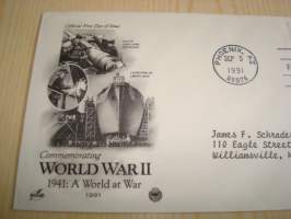 1941 WWII, 2. maailmansota, USA, 1991, ensipäiväkuori, FDC. Katso myös muut kohteeni mm. noin 1200 erilaista amerikkalaista ensipäiväkuorta 1920-luvulta