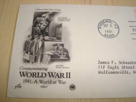 1941 WWII, 2. maailmansota, USA, 1991, ensipäiväkuori, FDC. Katso myös muut kohteeni mm. noin 1200 erilaista amerikkalaista ensipäiväkuorta 1920-luvulta