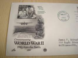 1942 WWII, 2. maailmansota, USA, 1992, ensipäiväkuori, FDC. Katso myös muut kohteeni mm. noin 1200 erilaista amerikkalaista ensipäiväkuorta 1920-luvulta