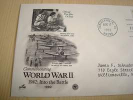 1942 WWII, 2. maailmansota, USA, 1992, ensipäiväkuori, FDC. Katso myös muut kohteeni mm. noin 1200 erilaista amerikkalaista ensipäiväkuorta 1920-luvulta