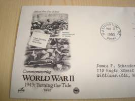 1943 WWII, 2. maailmansota, USA, 1993, ensipäiväkuori, FDC. Katso myös muut kohteeni mm. noin 1200 erilaista amerikkalaista ensipäiväkuorta 1920-luvulta