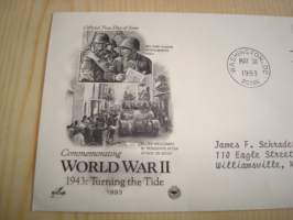 1943 WWII, 2. maailmansota, USA, 1993, ensipäiväkuori, FDC. Katso myös muut kohteeni mm. noin 1200 erilaista amerikkalaista ensipäiväkuorta 1920-luvulta