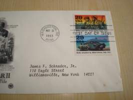 1943 WWII, 2. maailmansota, USA, 1993, ensipäiväkuori, FDC. Katso myös muut kohteeni mm. noin 1200 erilaista amerikkalaista ensipäiväkuorta 1920-luvulta