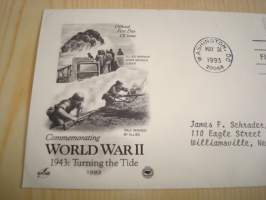 1943 WWII, 2. maailmansota, USA, 1993, ensipäiväkuori, FDC. Katso myös muut kohteeni mm. noin 1200 erilaista amerikkalaista ensipäiväkuorta 1920-luvulta