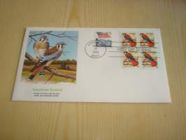 American Kestrel, lintu, 1995, USA, ensipäiväkuori, FDC. Katso myös muut kohteeni mm. noin 1200 erilaista amerikkalaista ensipäiväkuorta 1920-luvulta