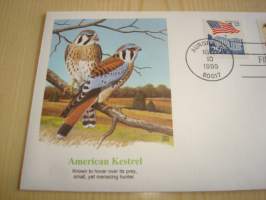 American Kestrel, lintu, 1995, USA, ensipäiväkuori, FDC. Katso myös muut kohteeni mm. noin 1200 erilaista amerikkalaista ensipäiväkuorta 1920-luvulta