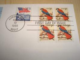 American Kestrel, lintu, 1995, USA, ensipäiväkuori, FDC. Katso myös muut kohteeni mm. noin 1200 erilaista amerikkalaista ensipäiväkuorta 1920-luvulta