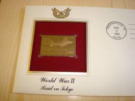2. maailmansota, WWII, Raid on Tokyo, &quot;gold stamp&quot;, 1992, USA, ensipäiväkuori, FDC + kortti. Katso myös muut kohteeni mm. noin 1200 erilaista amerikkalaista