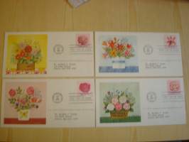 4 erilaista kukka, Official Postmasters of America Commemorative Issue, ensipäiväkuori, FDC, täysi sarja, hienot. Katso myös muut kohteeni mm. noin 1200