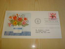 4 erilaista kukka, Official Postmasters of America Commemorative Issue, ensipäiväkuori, FDC, täysi sarja, hienot. Katso myös muut kohteeni mm. noin 1200