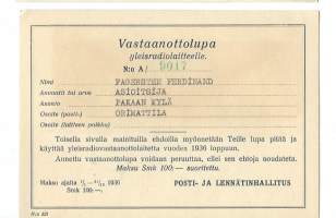 Yleisradiolaitteen vastaanottolupa - radiolupa 1936 Orimattila Pakaan kylä