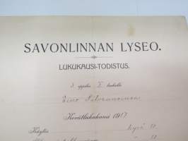 Savonlinnan Lyseo - Lukukausitodistus, 25.5.1917, Eino Johannes Silvennoinen -school certificate