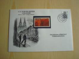 2. maailmansota, WWII, U.S. Forces Enter Cologne, 50th Anniversary World War Commemorative Cover, 1945-1995, kuori + kortti, harvinaisempi versio, hieno. Katso