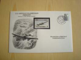 2. maailmansota, WWII, U.S. and R.A.F. Planes Raid Dresden, Natsisaksa, 50th Anniversary World War Commemorative Cover, 1945-1995, kuori + kortti, harvinaisempi