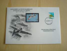 2. maailmansota, WWII, Japanese Launch Kamikaze Attacks on U.S. Ships, 50th Anniversary World War Commemorative Cover, 1945-1995, kuori + kortti, harvinaisempi