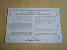 2. maailmansota, WWII, War Correspondent Ernie Pyle Killed in Action, 50th Anniversary World War Commemorative Cover, 1945-1995, kuori + kortti, harvinaisempi