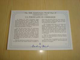 2. maailmansota, WWII, U.S. Forces Land on Corregidor, 50th Anniversary World War Commemorative Cover, 1945-1995, kuori + kortti, harvinaisempi versio, hieno. Katso