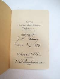 Suomen Teollisuusteknikkojen Liitto ry, jäsen nr 9. J.H. Viding - jäsenkirja / membership book