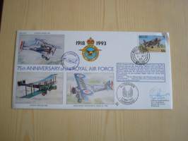 75th Anniversary of the Royal Air Force, R.A.F., 2. maailmansota, WWII, 1993, Belize, ensipäiväkuori, FDC + kortti, kuoressa Group Captain Chris Burwell,