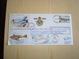 75th Anniversary of the Royal Air Force, R.A.F., 2. maailmansota, WWII, 1993, Bermuda, ensipäiväkuori, FDC + kortti, kuoressa Wing Commander Jeff Bullen,