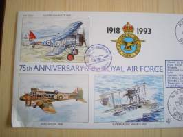 75th Anniversary of the Royal Air Force, R.A.F., 2. maailmansota, WWII, 1993, Bermuda, ensipäiväkuori, FDC + kortti, kuoressa Wing Commander Jeff Bullen,