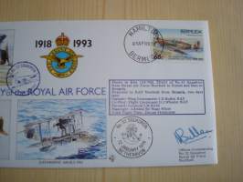 75th Anniversary of the Royal Air Force, R.A.F., 2. maailmansota, WWII, 1993, Bermuda, ensipäiväkuori, FDC + kortti, kuoressa Wing Commander Jeff Bullen,