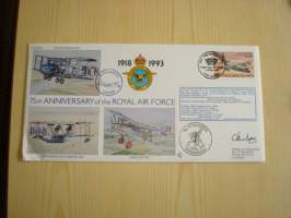 75th Anniversary of the Royal Air Force, R.A.F., 2. maailmansota, WWII, 1993, Falkland Islands, ensipäiväkuori, FDC + kortti, kuoressa Wing Commander Christopher