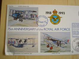 75th Anniversary of the Royal Air Force, R.A.F., 2. maailmansota, WWII, 1993, Falkland Islands, ensipäiväkuori, FDC + kortti, kuoressa Wing Commander Christopher