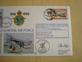 75th Anniversary of the Royal Air Force, R.A.F., 2. maailmansota, WWII, 1993, Falkland Islands, ensipäiväkuori, FDC + kortti, kuoressa Wing Commander Christopher