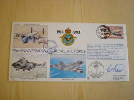 75th Anniversary of the Royal Air Force, R.A.F., 2. maailmansota, WWII, 1993, Falkland Islands, ensipäiväkuori, FDC + kortti, kuoressa Wing Commander Tony Main,