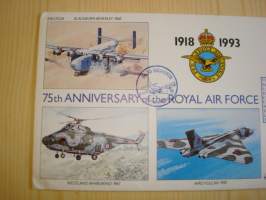 75th Anniversary of the Royal Air Force, R.A.F., 2. maailmansota, WWII, 1993, Falkland Islands, ensipäiväkuori, FDC + kortti, kuoressa Wing Commander Tony Main,